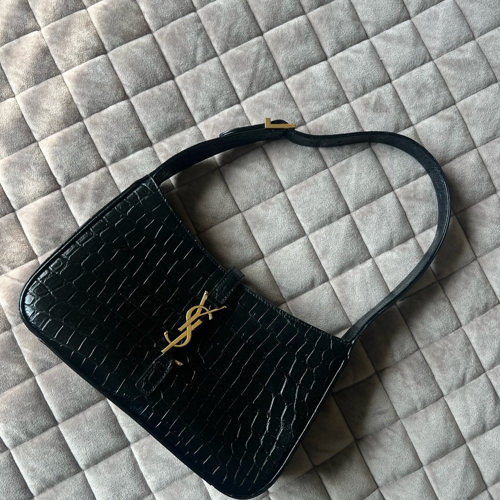YSL Elegant Black Croc-Embossed Shoulder Bag